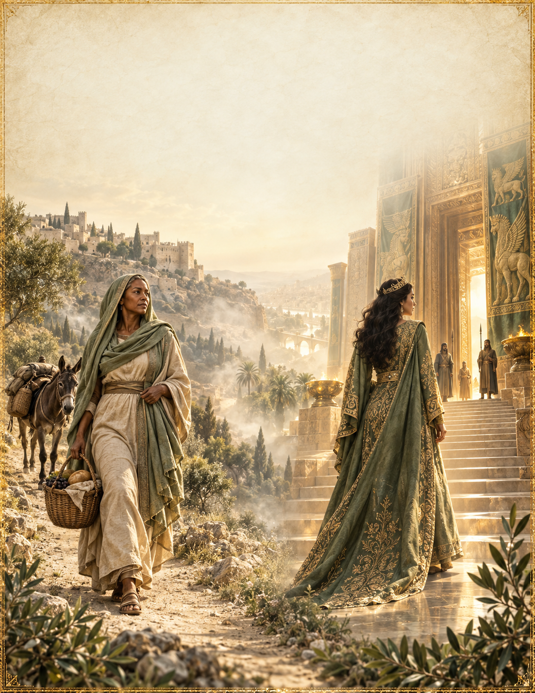 Abigail carrying provisions and Esther approaching the palace
