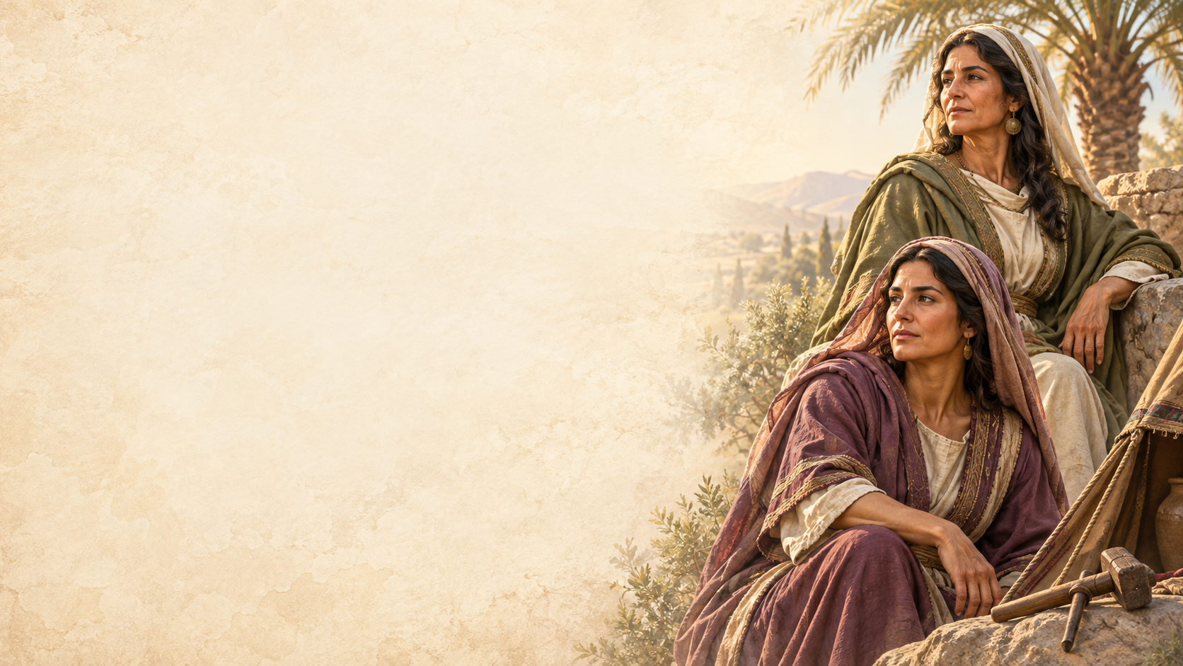 Deborah and Jael depicted in a quiet parchment illustration